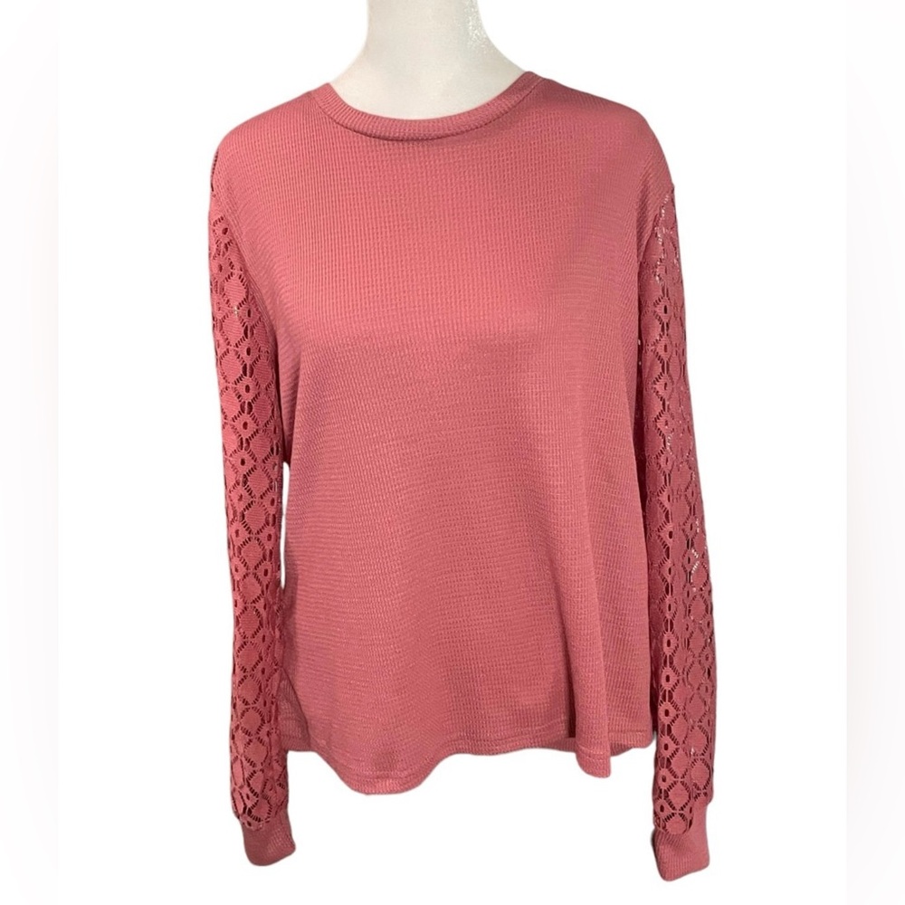 NWOT No Brand XL Rose Pink Long Sleeve Waffle Knit Blouse with Lace Sleeves